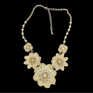Beautiful Vintage Floral fabric, Pearl, and rhinestone necklace